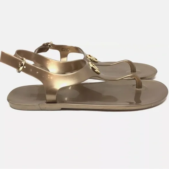 Michael Kors Womens Lillie Gold Size 7 MK Logo Plate Jelly Thong PVC Sandals - Picture 5 of 7